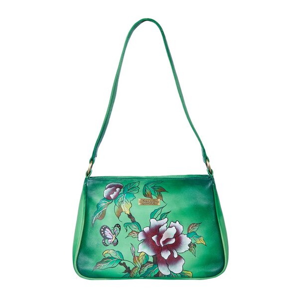 Hand-Painted Green Genuine Leather Shoulder Tote Bag for Women - Picture 1 of 7